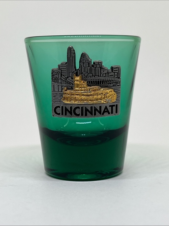 Other - Cincinnati Green Glass Souvenir Shot Glass with Gold Riverboat Emblem